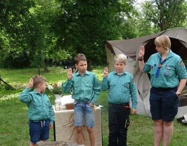 Drei Pfadfinder in Uniform.